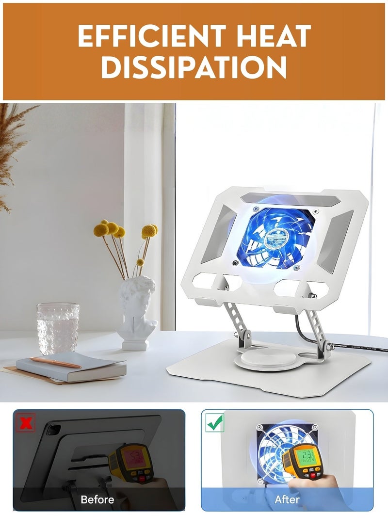 حامل تابلت قابل للتعديل مع مروحة تبريد، حامل معدني قابل للطي لأجهزة iPad، حامل مكتبي دوار 360 درجة لأجهزة التابلت من 4 إلى 16 بوصة، وأجهزة iPad وأجهزة Android - مناسب للمكتب والدراسة والألعاب - Image 1